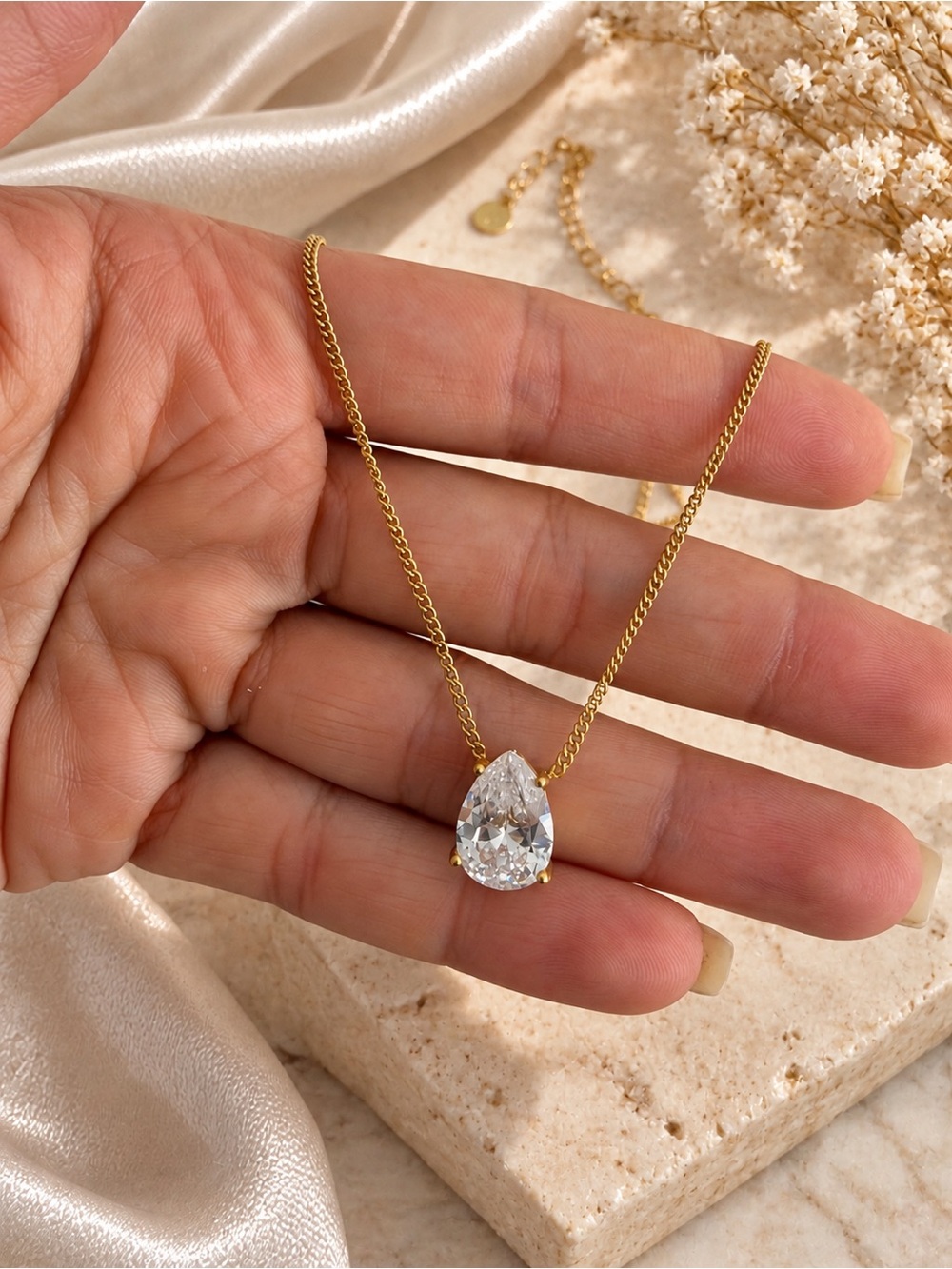 Gold Teardrop Cubic Zirconia Pendant Necklace